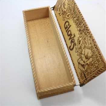 Vintage Pyrography Wooden Gloves Box with Flower Design