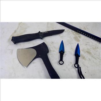 Wartech Hunting Machete Sword, Schrade Camp Hatchet, Gerber Knife, 3 Pieces