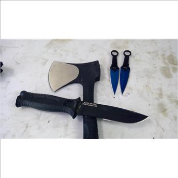 Wartech Hunting Machete Sword, Schrade Camp Hatchet, Gerber Knife, 3 Pieces