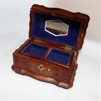 Wooden Floral Engraved Blue Felt Lined Jewelry Box