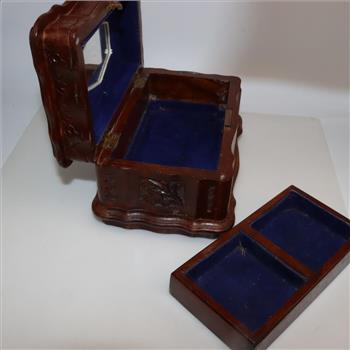 Wooden Floral Engraved Blue Felt Lined Jewelry Box