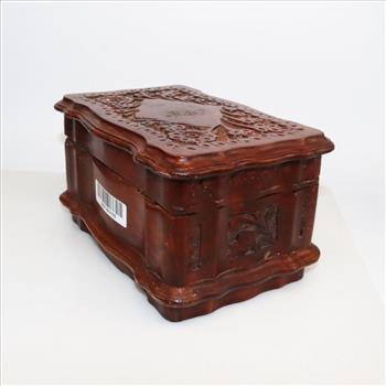 Wooden Floral Engraved Blue Felt Lined Jewelry Box