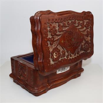 Wooden Floral Engraved Blue Felt Lined Jewelry Box