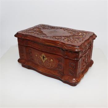 Wooden Floral Engraved Blue Felt Lined Jewelry Box