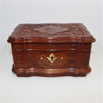 Wooden Floral Engraved Blue Felt Lined Jewelry Box