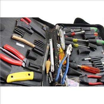 Wrenches, Hammer, Screwdrivers, And More Mixed Tools In Black Bag