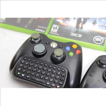Xbox 360 Wireless Controllers, Chatpad Keypad And Video Games, 7 Pieces