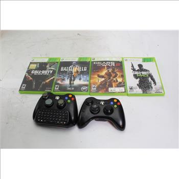 Xbox 360 Wireless Controllers, Chatpad Keypad And Video Games, 7 Pieces