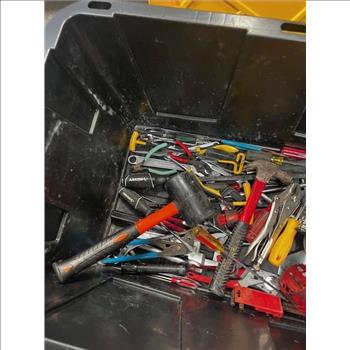 Yellow Bin With Husky Screwdrivers, Jaw Locking Pliers, Folding Nut Driver Set, And More