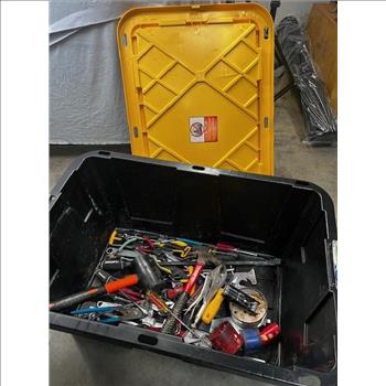 Yellow Bin With Husky Screwdrivers, Jaw Locking Pliers, Folding Nut Driver Set, And More