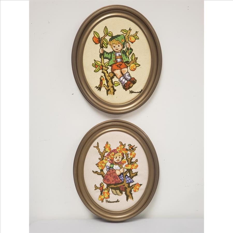 Vintage Set of 2 Hummel Inspired Crewel Embroidery Needlepoint Art on Canvas Oval Framed-No Glass, Apple Tree Boy and Girl Wall Hanging, Canada