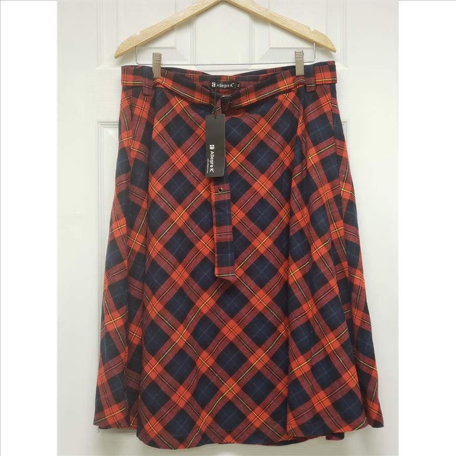 NWT Allegra K Tartan Print Women's Belted A-Line Midi Skirt, Sz XL, China