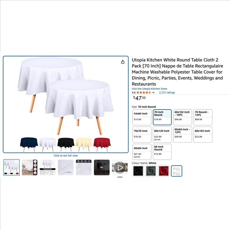 Utopia Kitchen White Round Table Cloth 2 Pack 70 inch