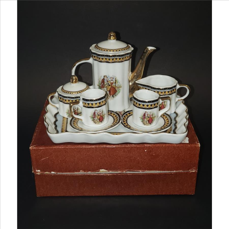 Adeline Rococo Style Courting Couple Gilded Porcelain Miniature Tea Set with Box England