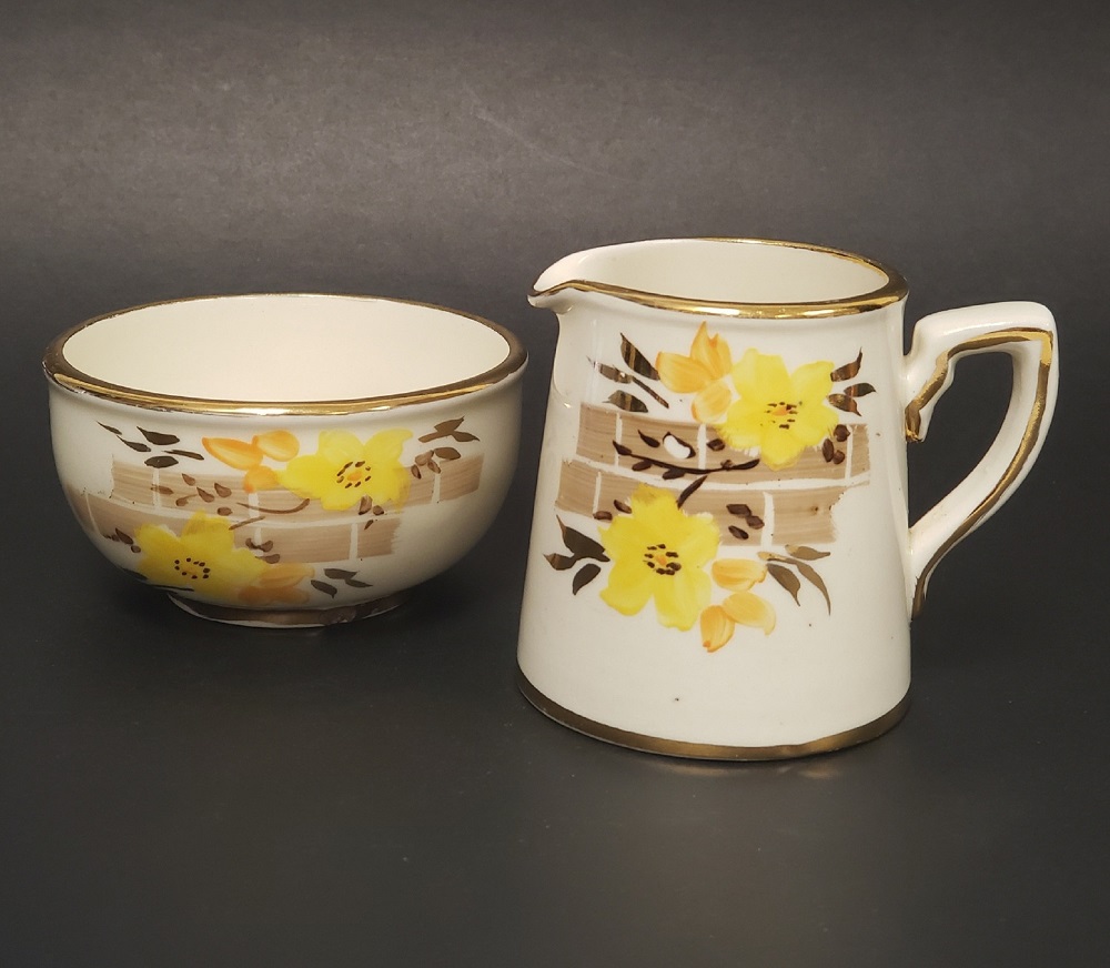 Vintage Sadler Pottery Made in England Hand Painted Yellow Floral Gilded Creamer and Sugar Bowl Set