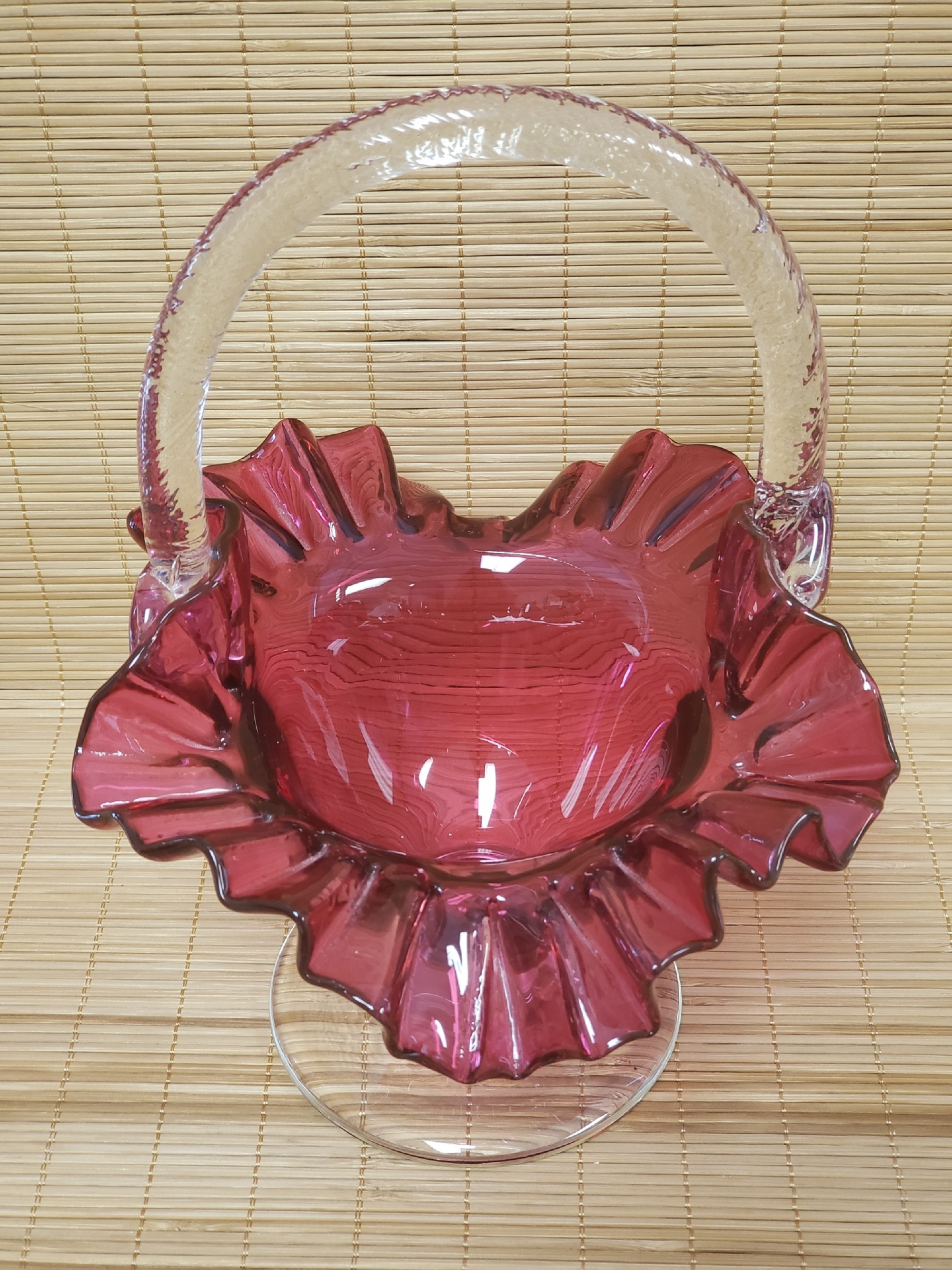 Vintage Hand Blown Ruffled Edge Cranberry Clear Handle & Pedestal Basket Glass Figurine 