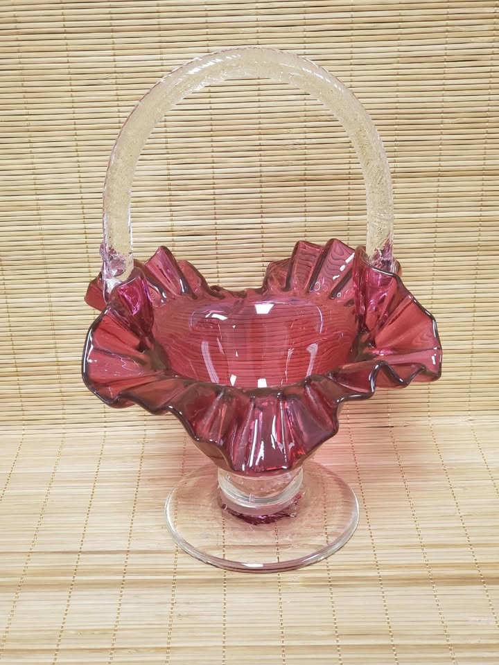 Hand Blown Ruffled Edge Cranberry Clear Handle & Pedestal Glass Basket