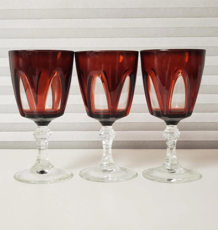 Cristal D'Arques Durand France Gothic Ruby Red W/ Clear Stem Wine Glasses, 3-Pcs