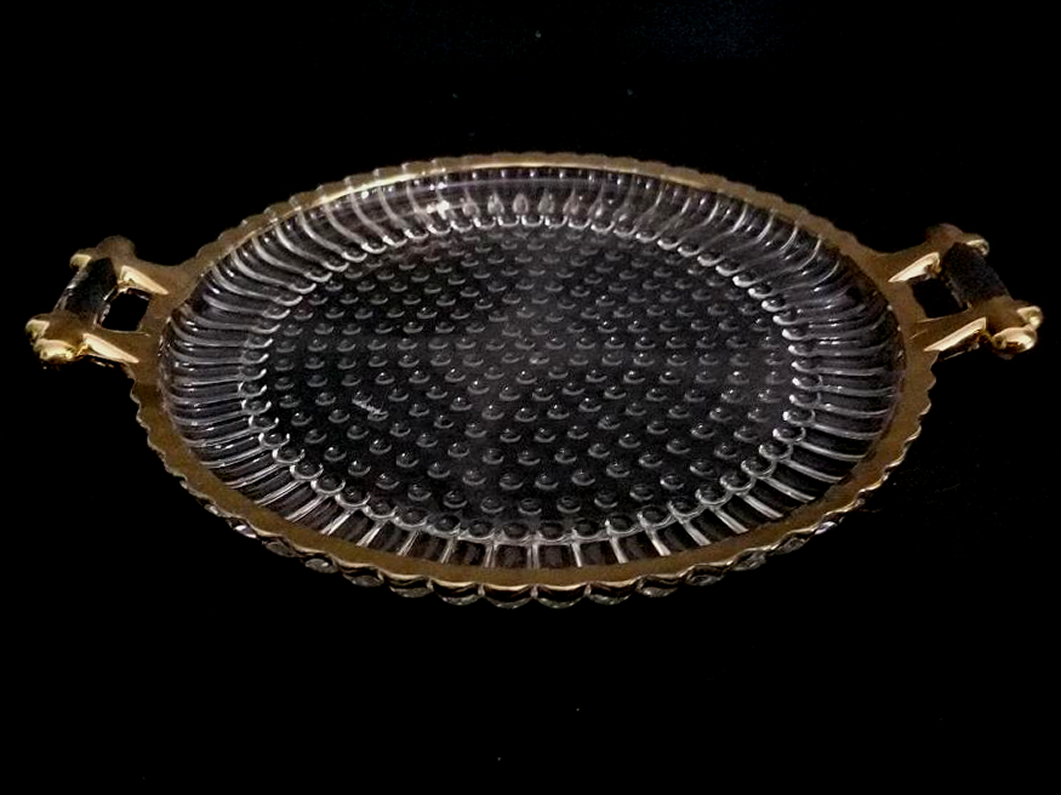 Vintage 1950's Glass Serving Tray With Handles Gold Trim