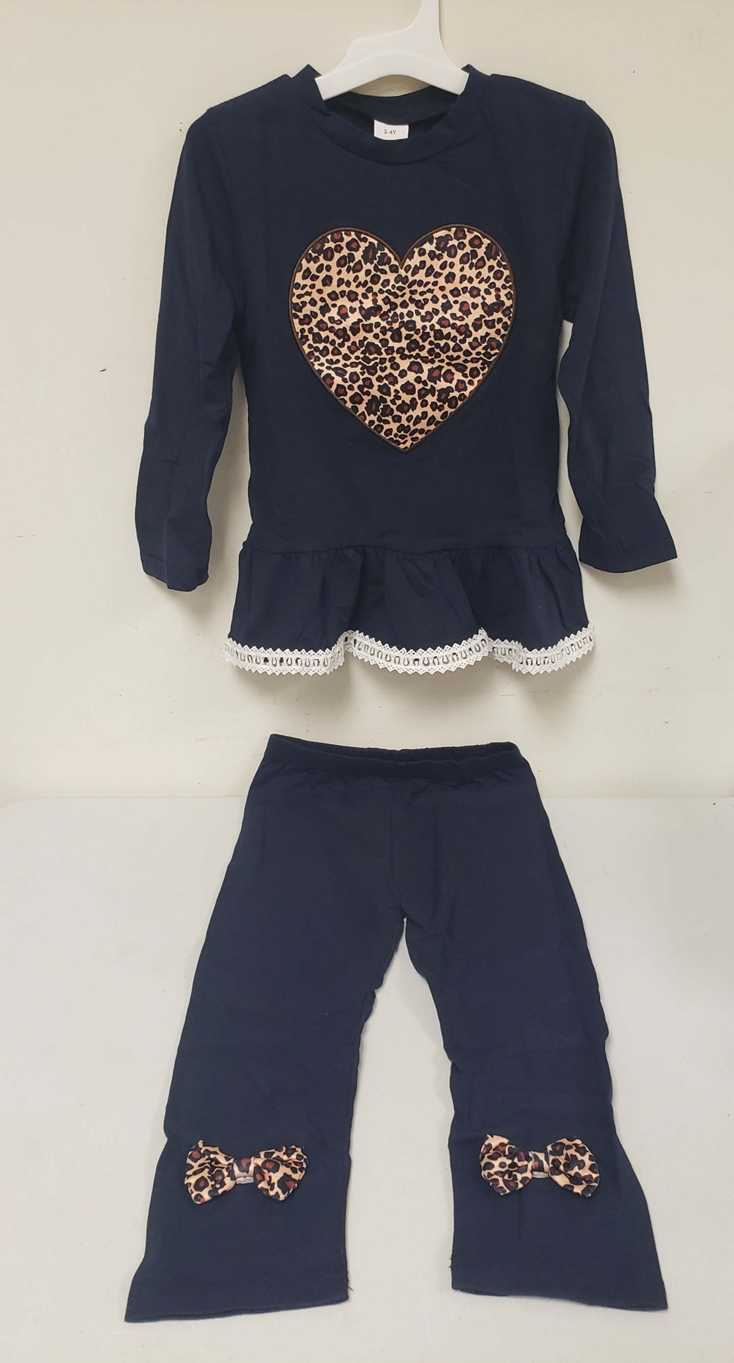 Patpat Girl Blue Leopard Heart-Bow Long Sleeves Top Elastic Long Pants Sz 3-4Y/O