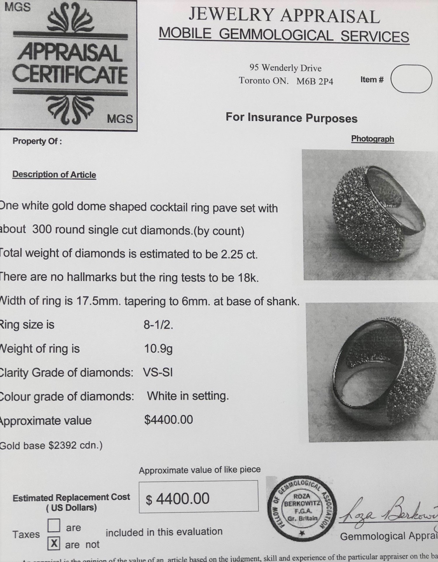 18 Kt Gold Diamond Ring Appraised 4,400.00 Property Room