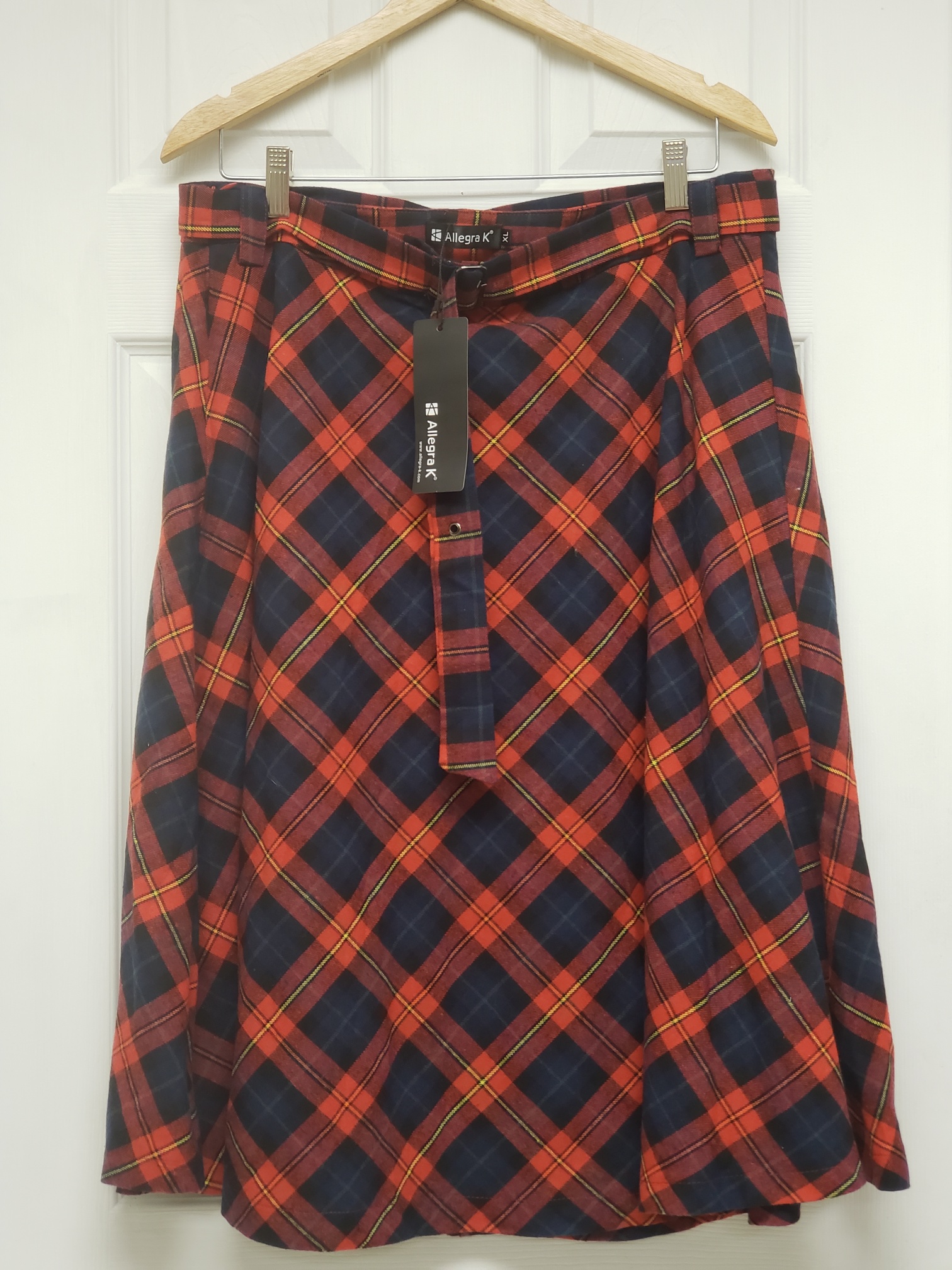 NWT Allegra K Tartan Print Women's Belted A-Line Midi Skirt, Sz XL, China