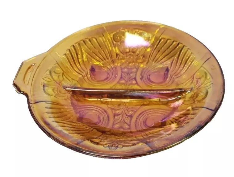 Vintage USA Amber Indiana Carnival Glass Divided Relish Candy Dish Tray Bowl