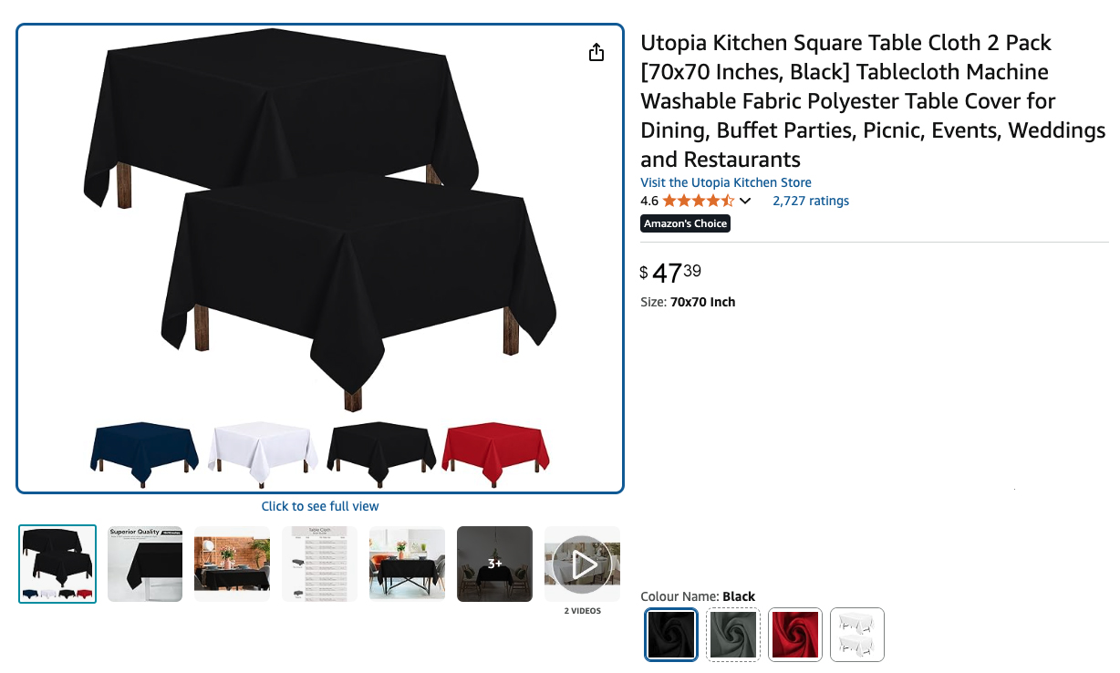 Utopia Kitchen Square Table Cloth 70 x 70 inch - Black