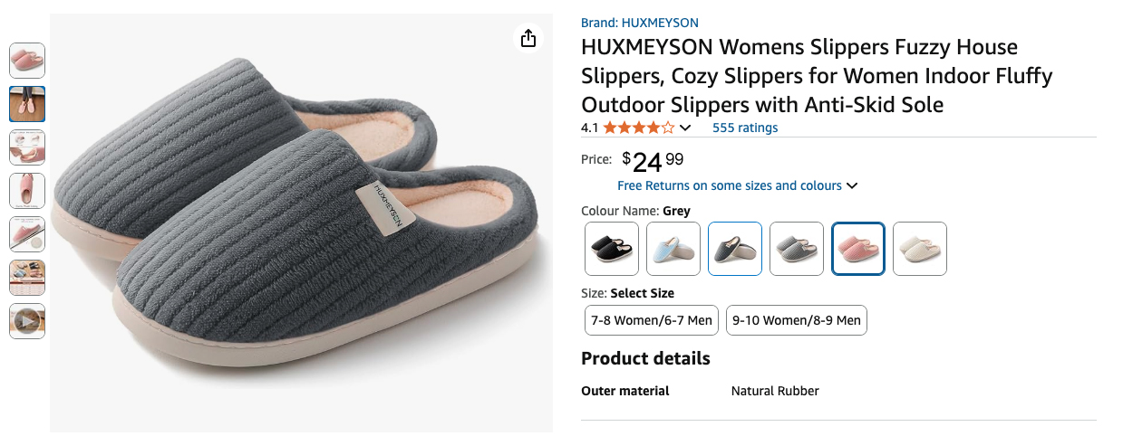 Huxmeyson Fuzzy Anti Skid Slippers - Size 9-10 - Gray