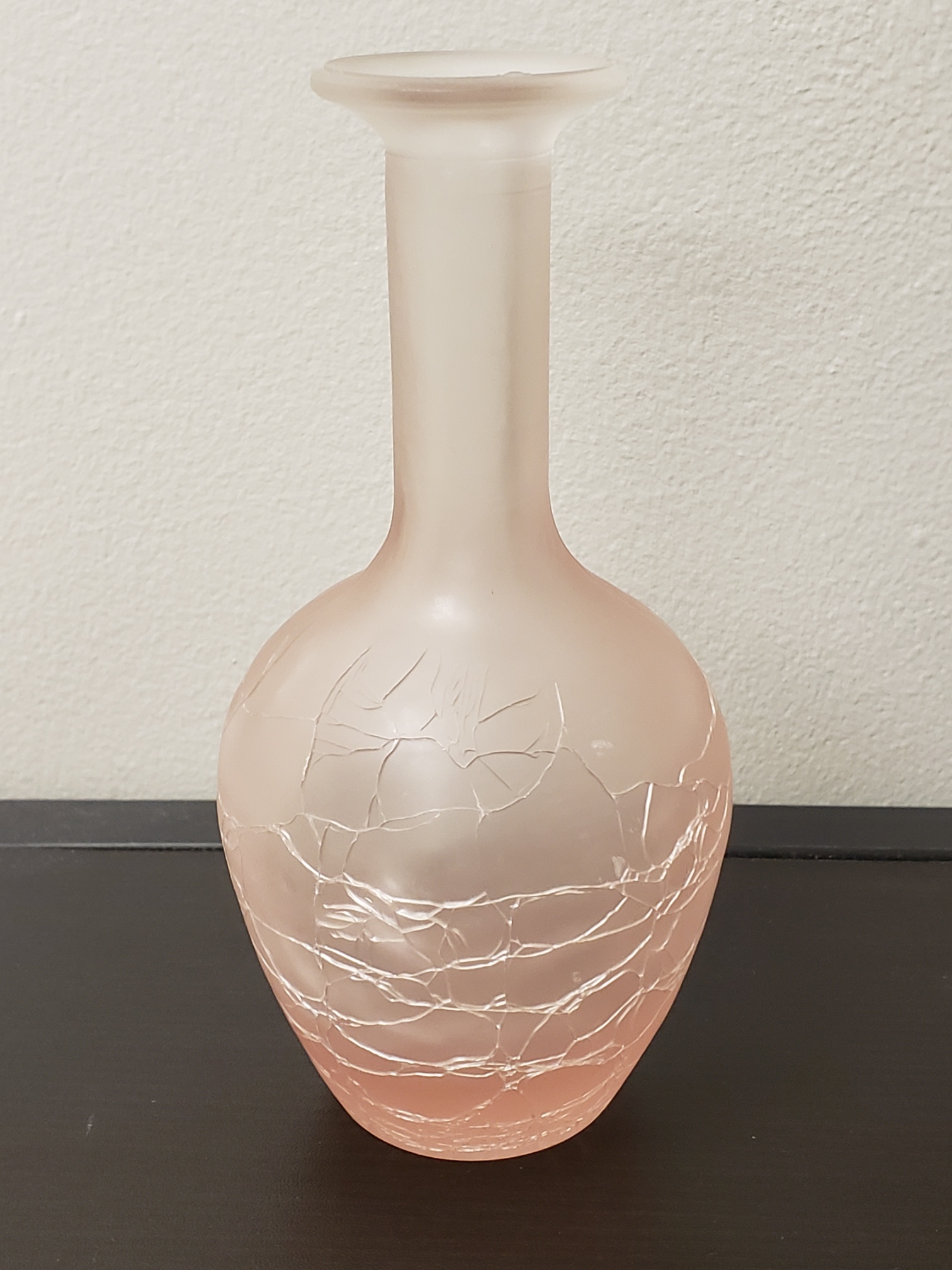 Vintage Satin Pink Crackle Glass Perfume Bottle No Stopper 5.5" Tall, Made in Japan