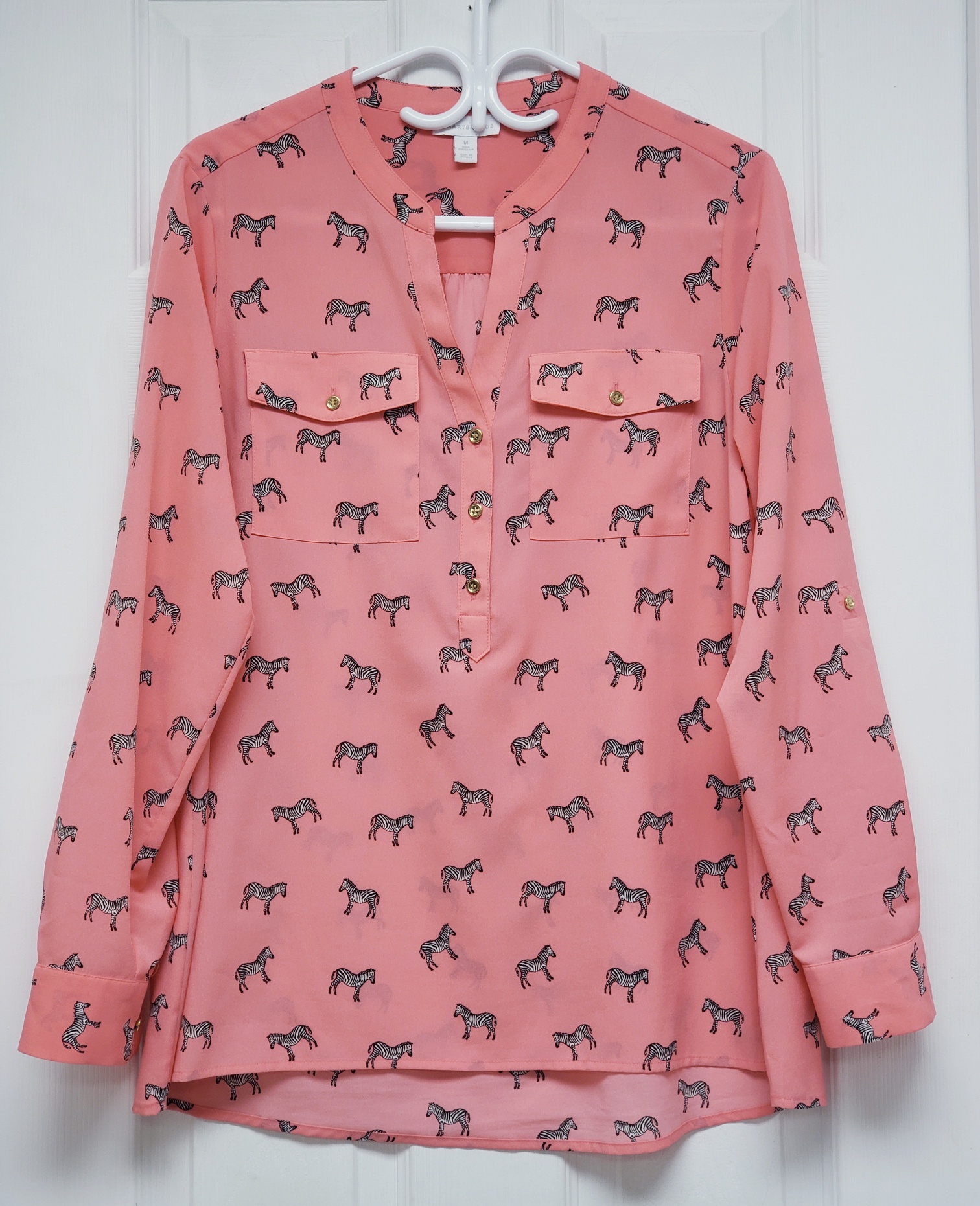 Charter Club Women's Coral Zebra Print Roll Tab Sleeves Button-Up Blouse, Sz M