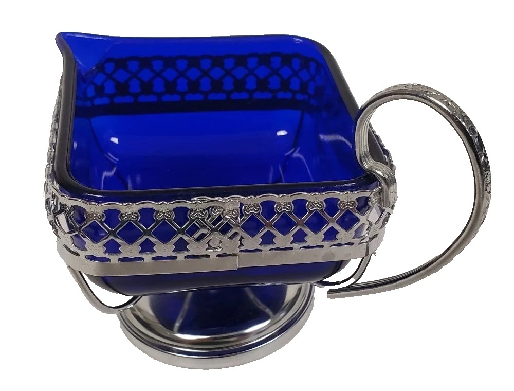 Vintage Creamer UK Cobalt Blue Bowl in Stainless Chrome Stand/Holder