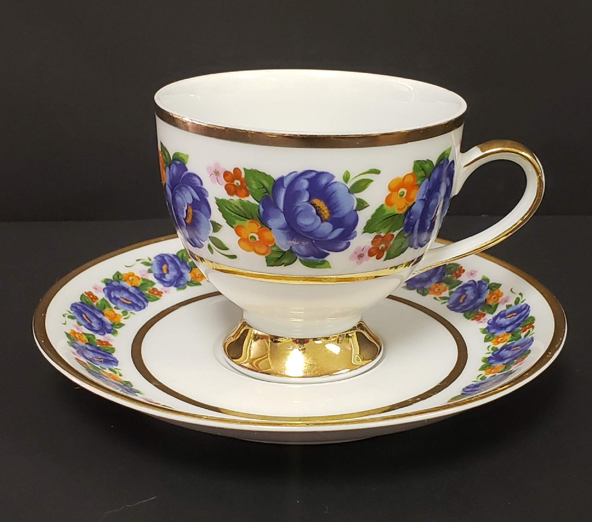 MITTERTEICH Bavaria 029 Purple Floral Gold Trim Porcelain Teacup And Saucer Set, Germany