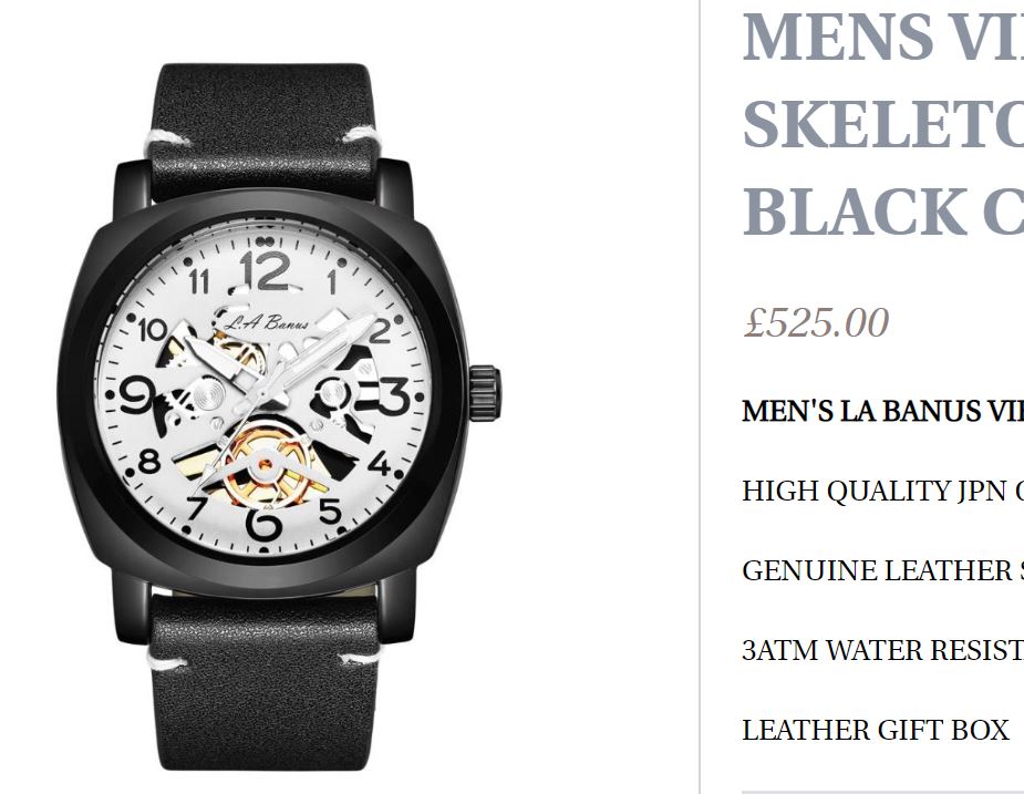 NEW LA BANUS VIENNA LEATHER SKELETON DIAL WATCH BLACK CASE WHITE DIAL