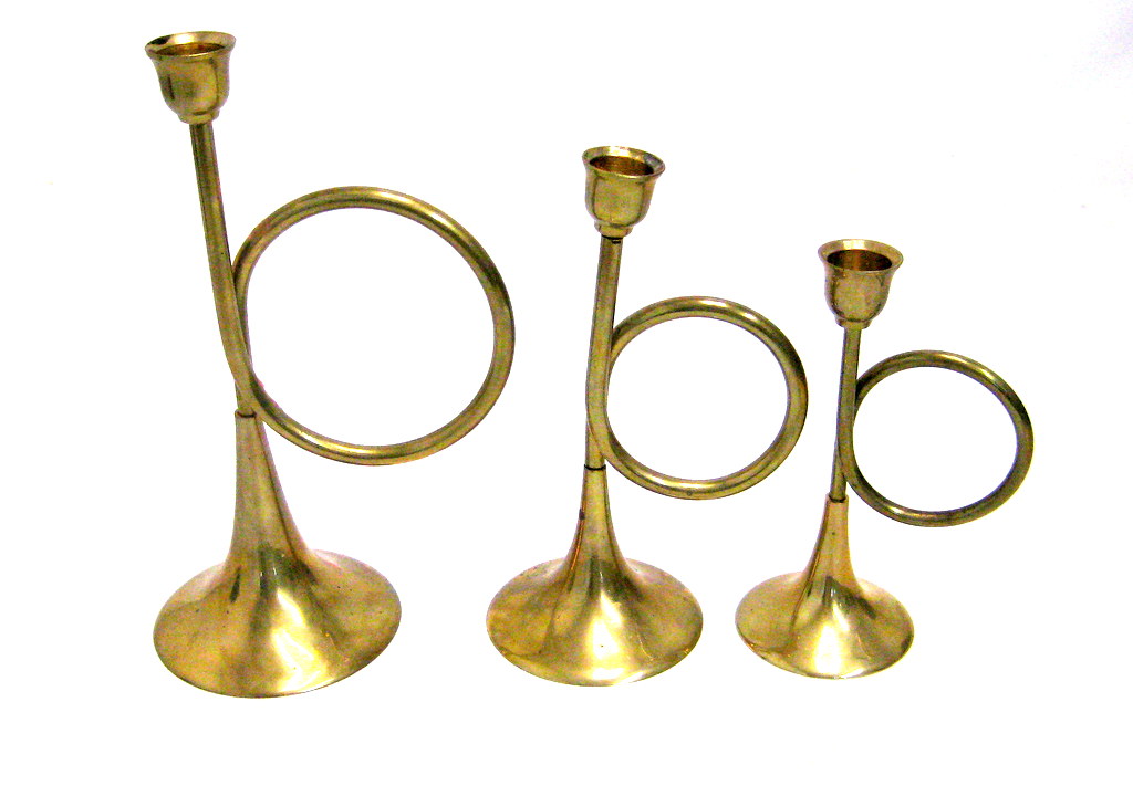 Vintage Set of 3 Solid Brass Bugle Candlesticks Circa 1960's