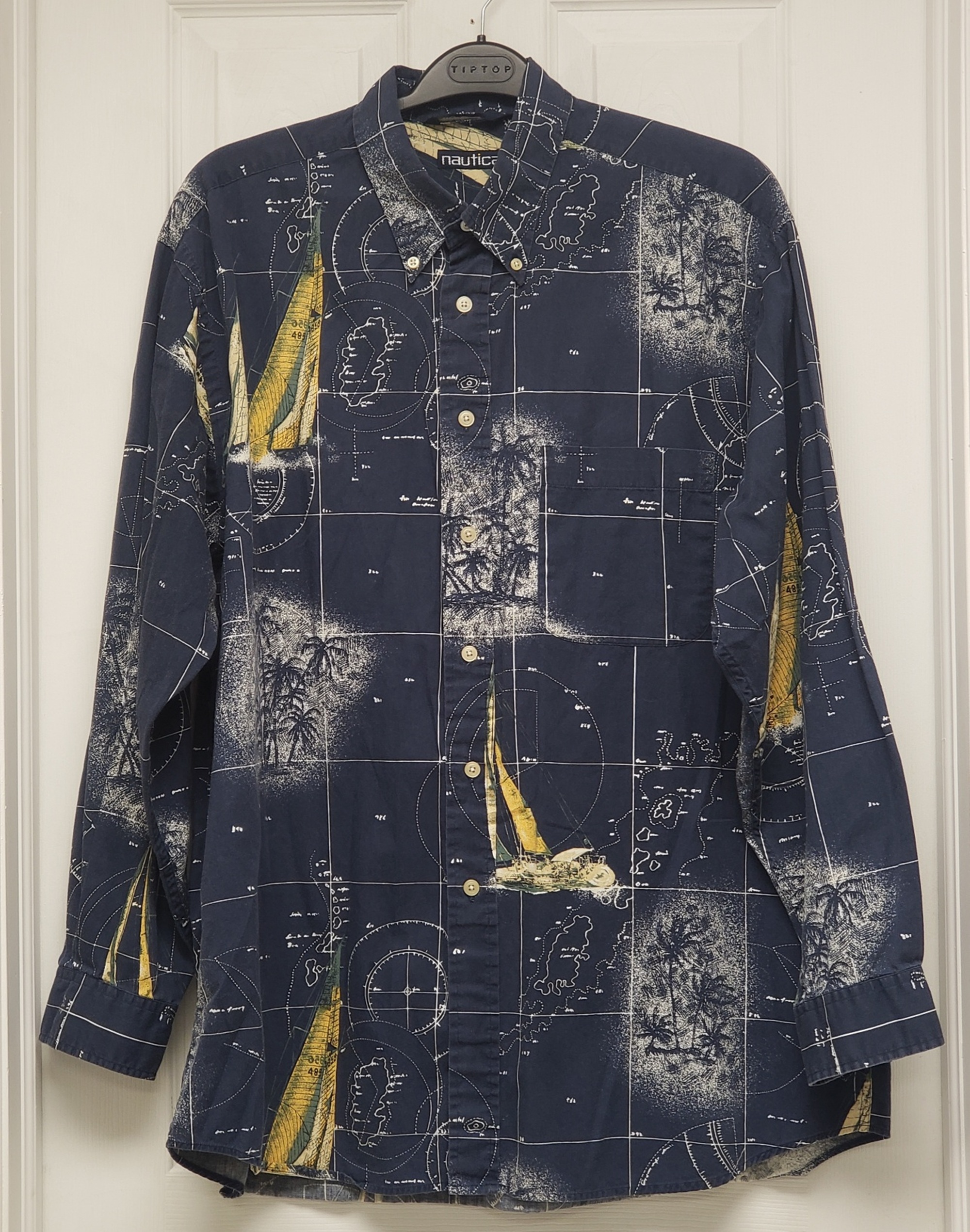 Vintage Nautica 100% Cotton Blue Collared Button-Down Geography-Nautical Themed Long Sleeves Men's Shirt Sz XL, Made in Malaysia