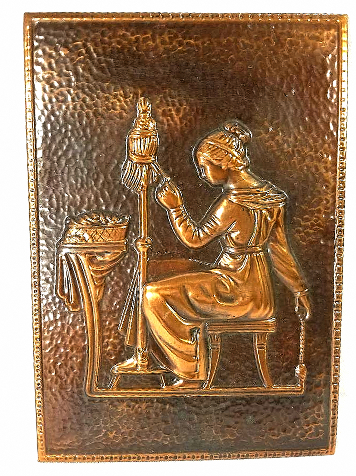 Vintage Copper Art Lady Spinning Yarn Wall Plaque Property Room