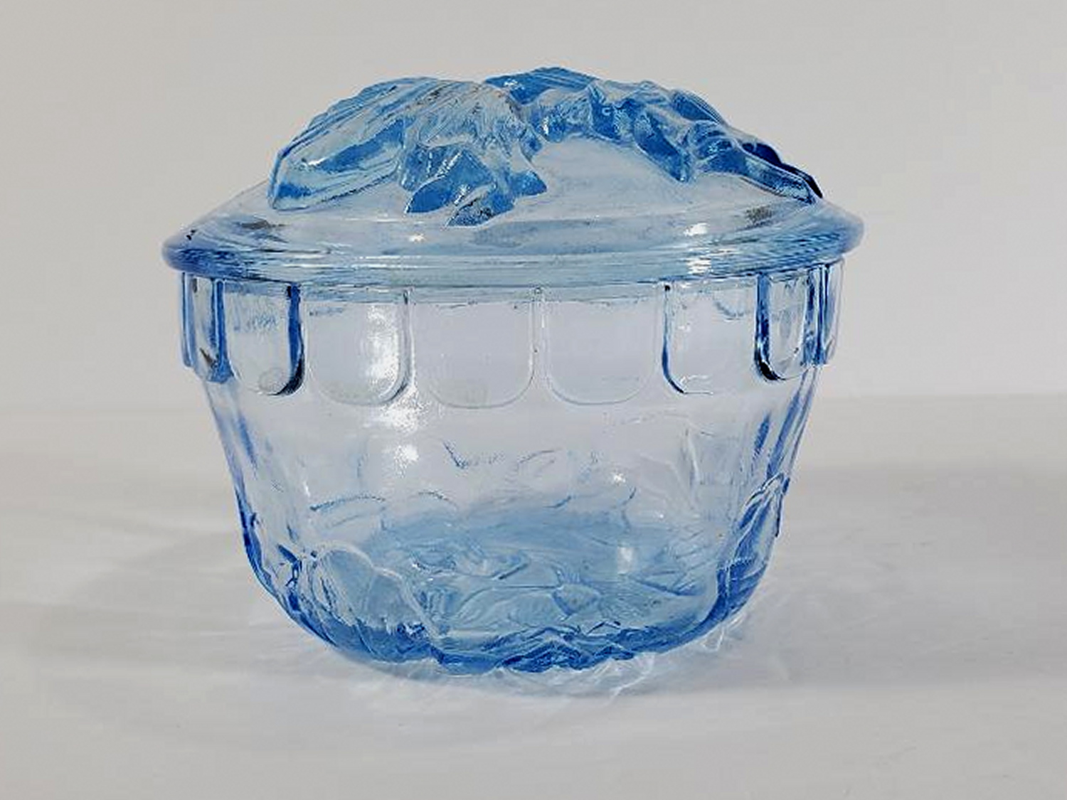 Vintage blue glass candy dish with lid property room