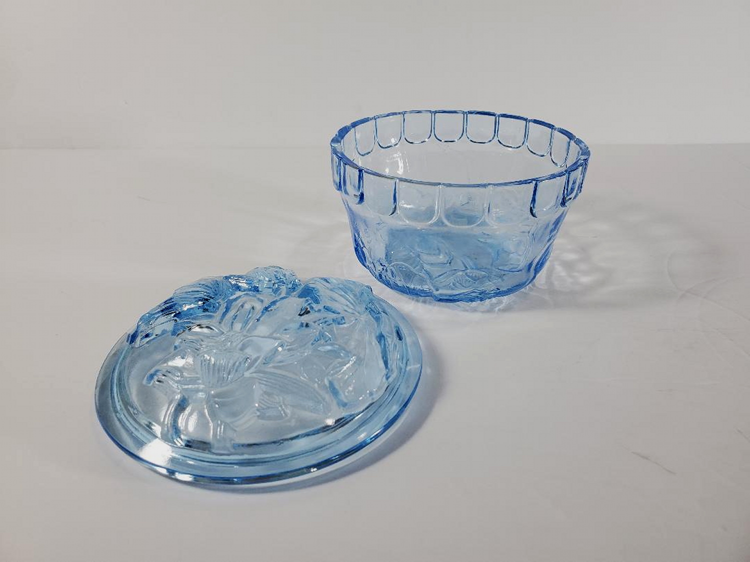 Vintage blue glass candy dish with lid property room