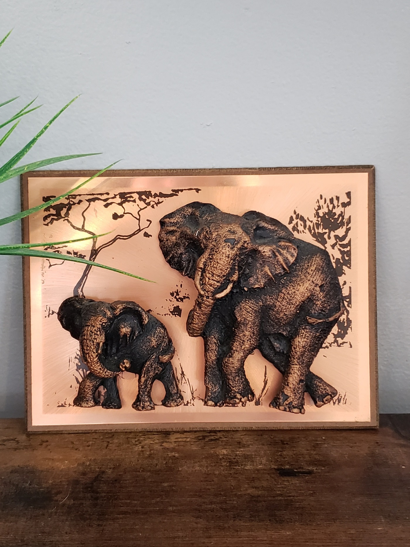 Vintage Hand Crafted Copper 3D Resin Mother & Baby Elephant Wooden Framed Wall Art Hanging