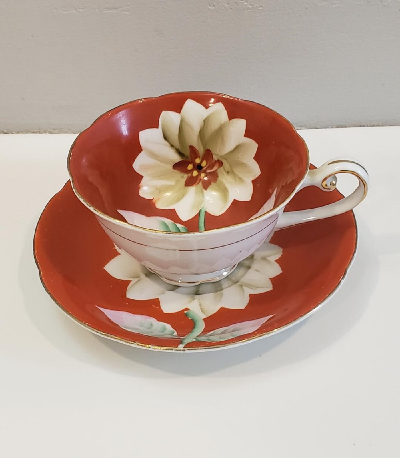 VTG Made in Occupied Japan Teacup and Saucer Hand Painted Burnt Orange