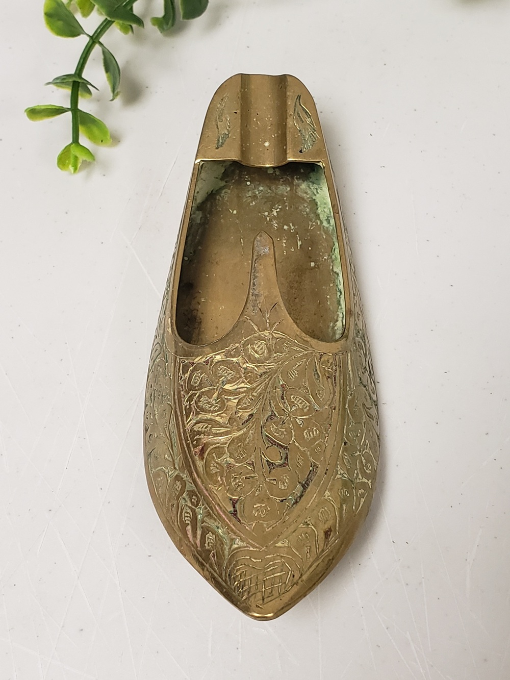 Vintage Solid Brass Etched Floral Pattern Shoe Shaped Ashtray, India