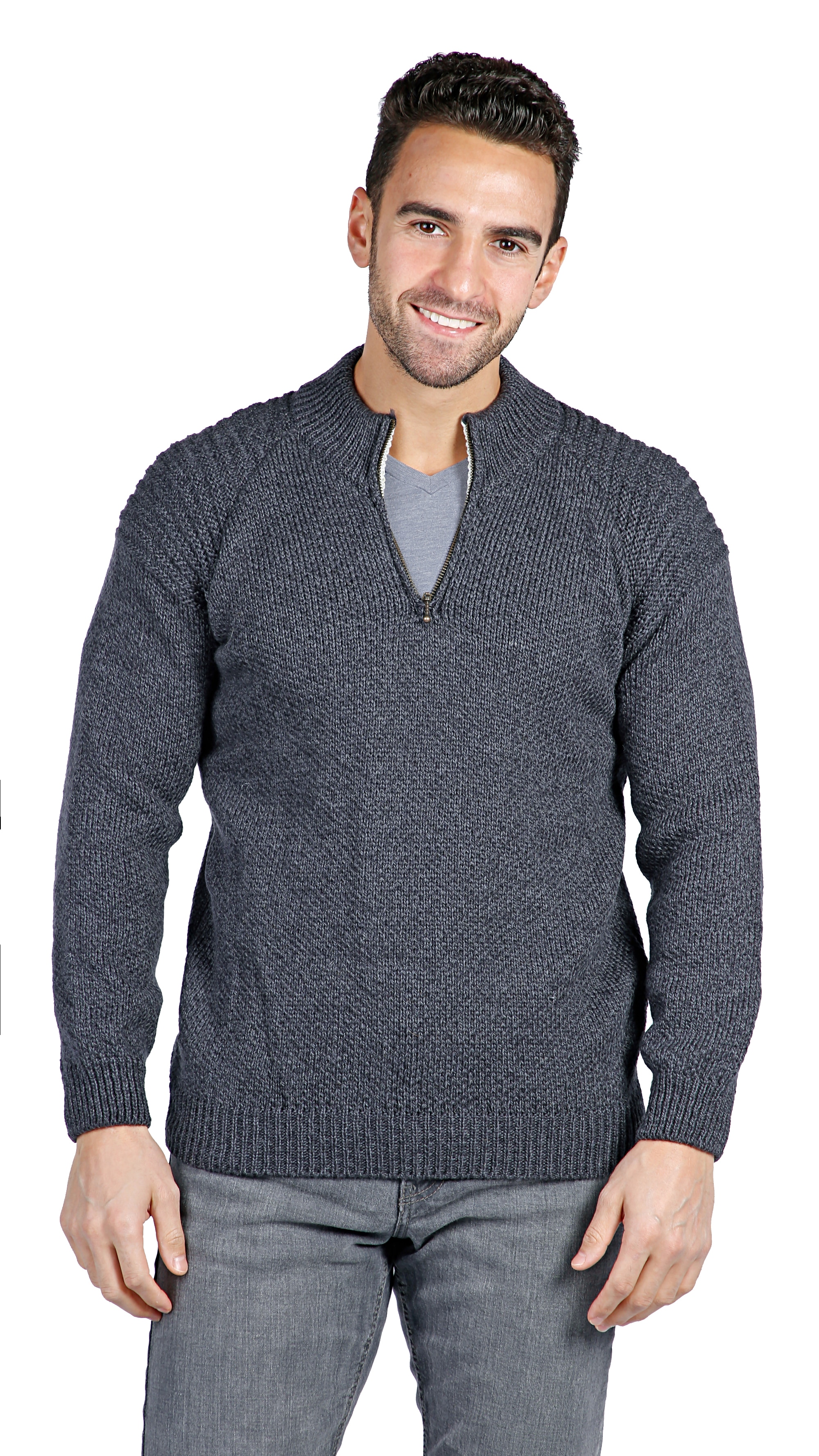 Aran Woollen Mills Men's Zip Neck Sweater, Derby (Grey), Size Small