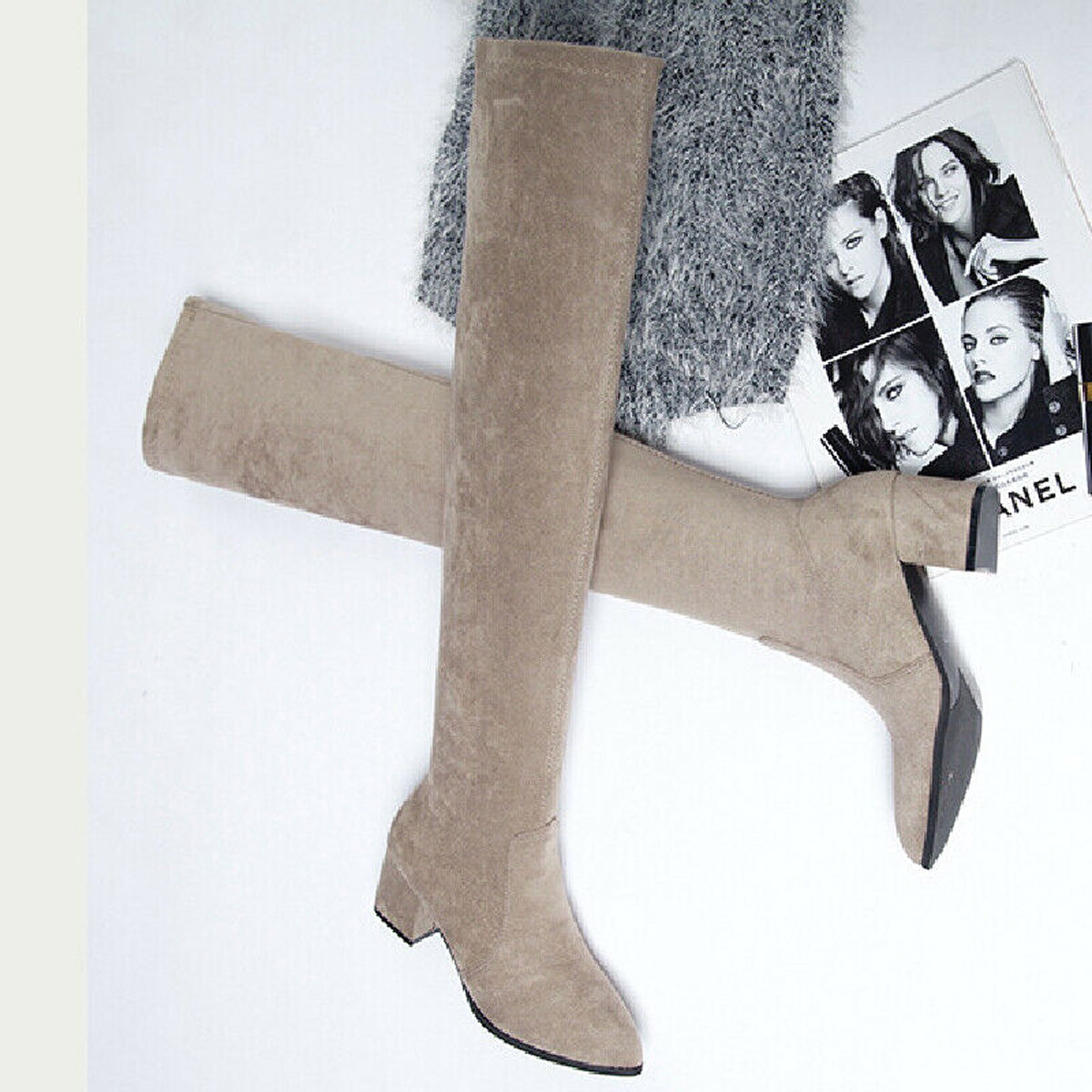 Women's Knee High Elastic Silk Sock Boots Stretch Block Heel Pointed