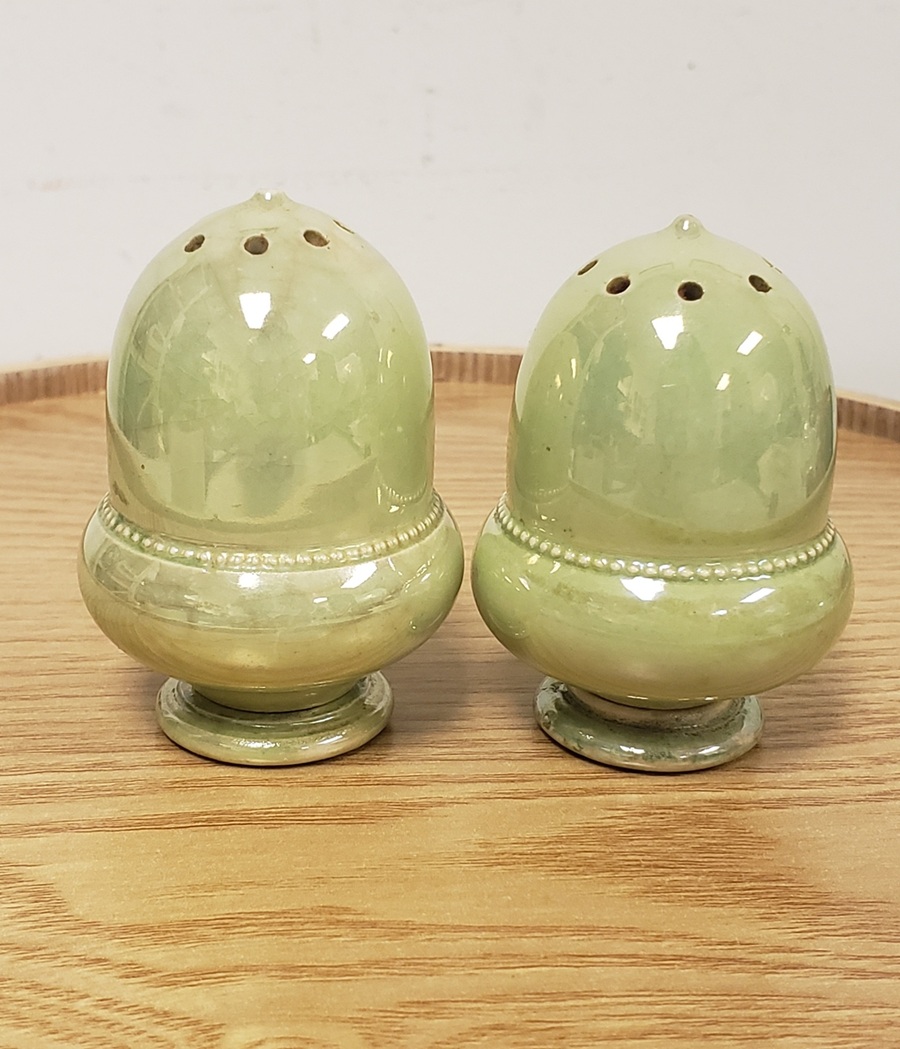 Rare Vintage MOORCROFT Pottery Early 1900's Yellow-Green Lustre Glazed Acorn Shaped Salt and Pepper Shakers Set, Made in England