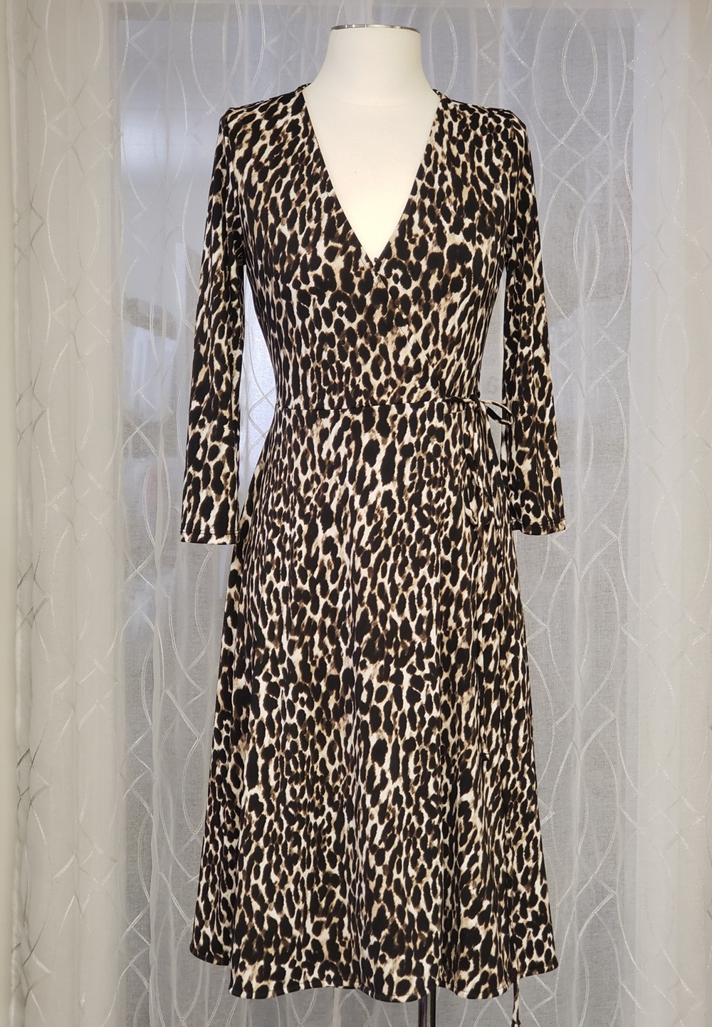 Banana Republic Women's Leopard Print V-Neck 3/4 Sleeves Self-Tie Wrap Dress, Sz XS
