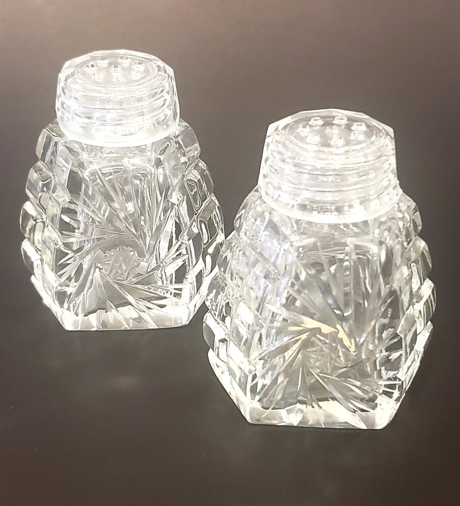 Vintage 1940's Pinwheel Starburst Pattern Cut Clear Glass Salt and Pepper Shakers, Made in East Germany