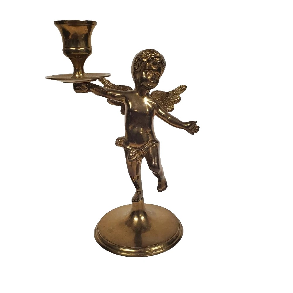 Vintage Brass Cherub Candlestick Renaissance Style Cherub Candle Holder Angel 8”