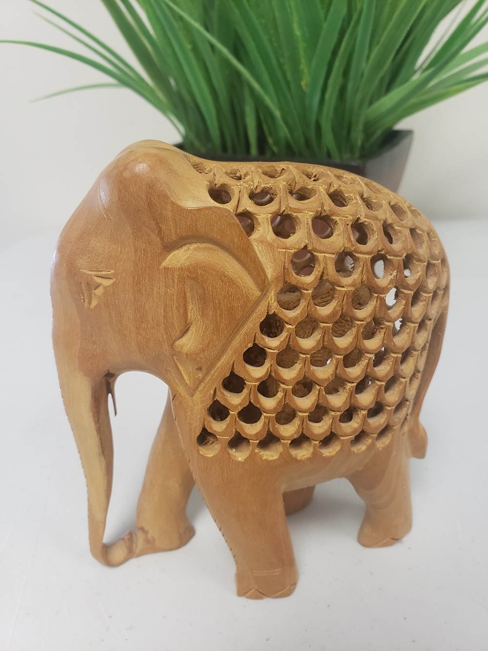 Vintage Hand Carved Cut-out Wooden Mother Elephant w/Baby Inside Elephant Figurine 5" Tall