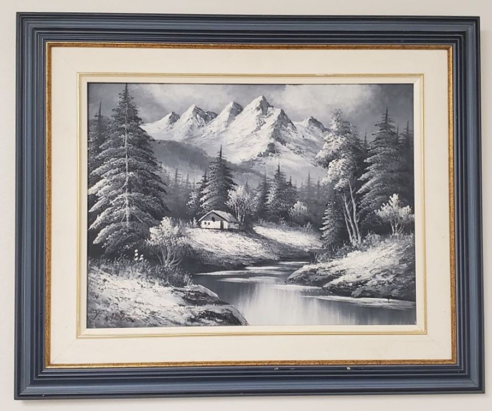 Vintage 1970's USA Rick Boren Black & White Winter Landscape Original Oil Painting